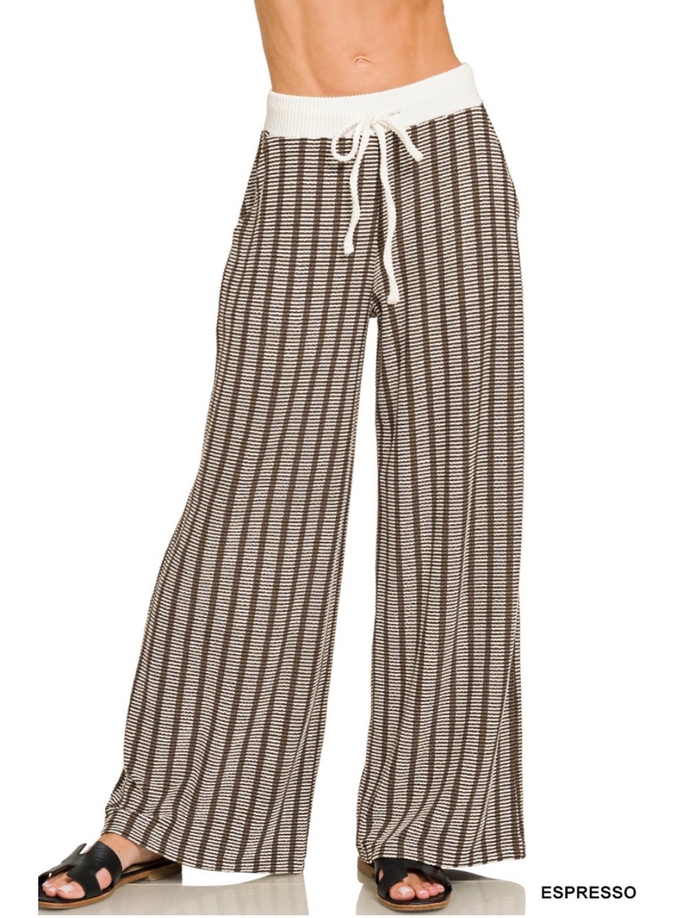 Zenana Raised Rib Striped Wide-Leg Drawstring Pants in Espresso - Picture 3 of 3